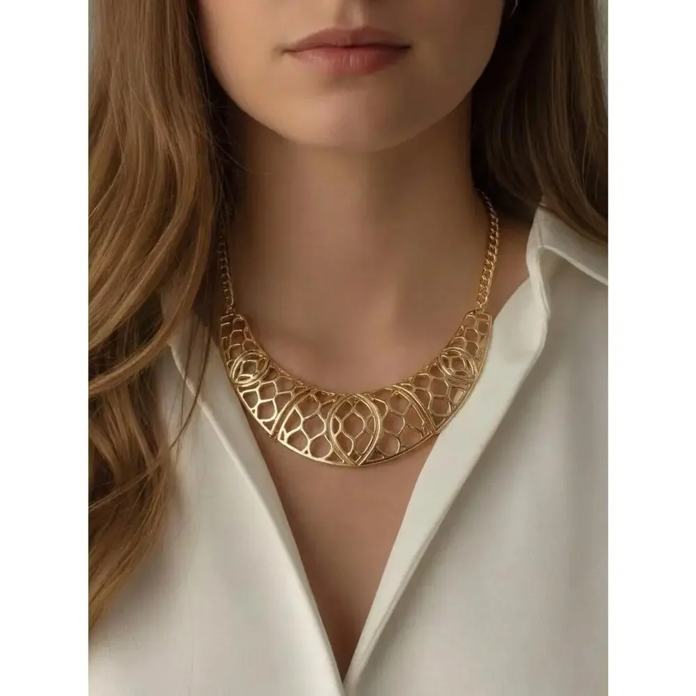 Vintage Mogul Gold Tone Filigree Bib Necklace Retro 80s Classic Office